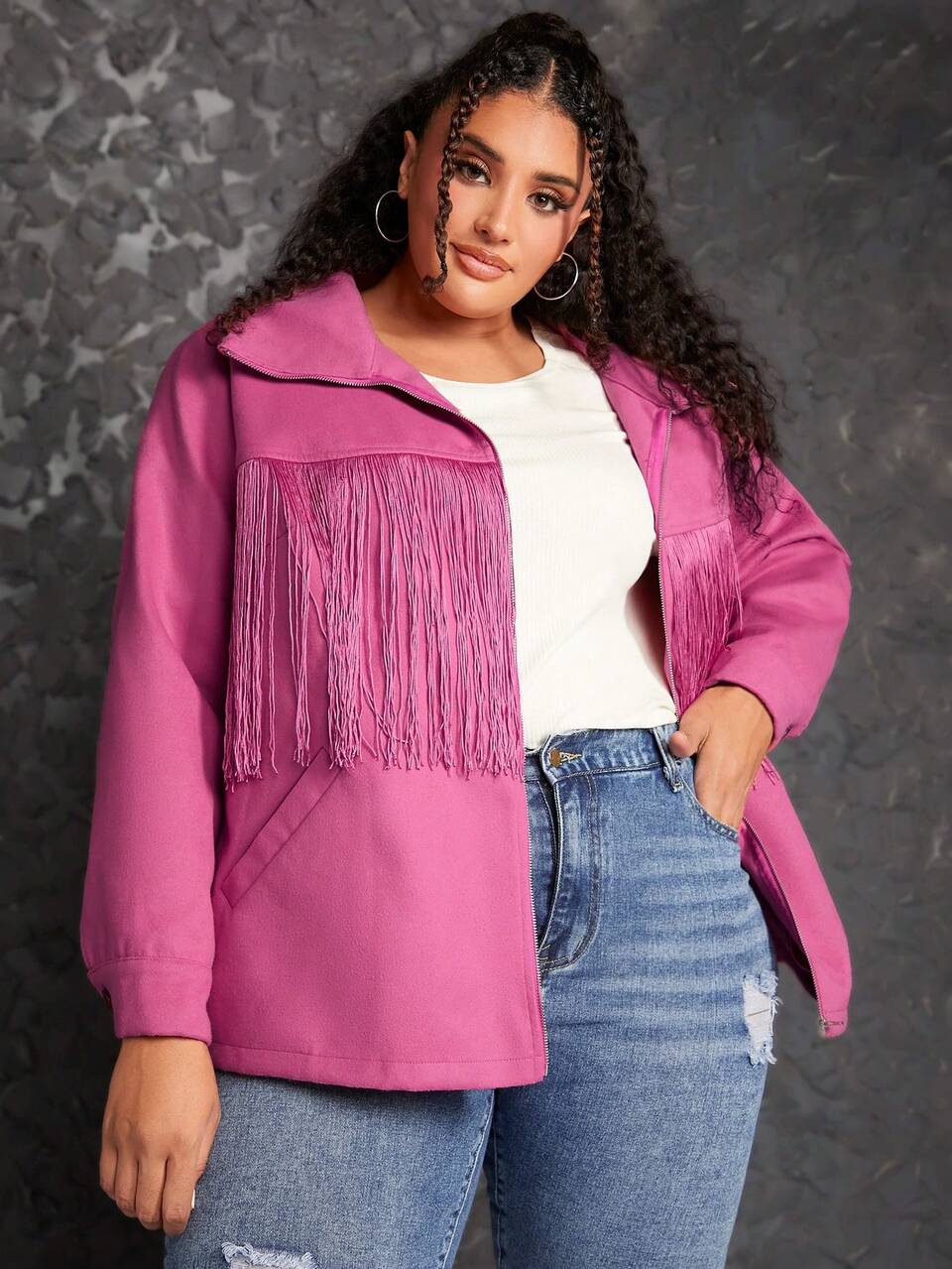 Plus Fringe Trim Zip Up Overcoat