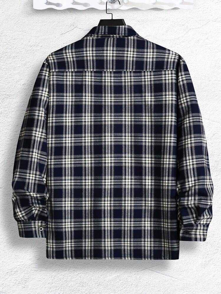Men Plaid Print Flap Pocket Zip Up Shacket