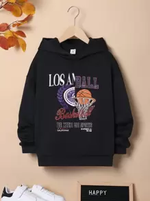 SHEIN Tween Boy Loose Fit Hoodie With Drop Shoulder & Printed Pattern - Black - View 1