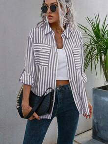 SHEIN LUNE Striped Print Flap Pocket Drop Shoulder Shirt - Mauve Purple - View 5