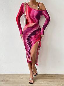 SHEIN Privé Marble Print Asymmetrical Neck Drawstring Split Thigh Dress - Multicolor - View 6