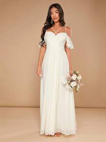 SHEIN Belle Cold Shoulder Split Thigh Bridesmaid Dress - Beige - View 4