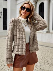 SHEIN Clasi Open Front Fuzzy Coat - Khaki - View 4