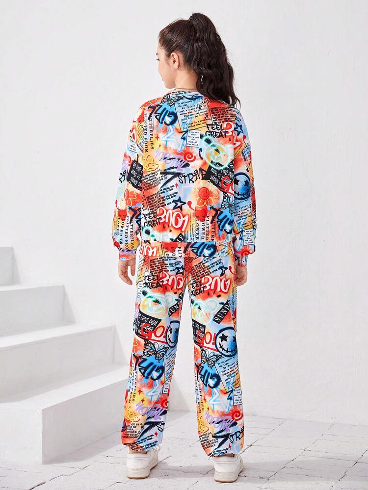 Teen Girl Graffiti Print Drop Shoulder Pullover & Sweatpants