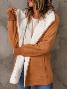 瀑布領毛絨內襯外套 - 卡其色 - 查看 5