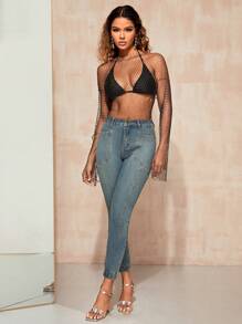 SHEIN BAE High Waist Skinny Cropped Jeans - Blue - View 5