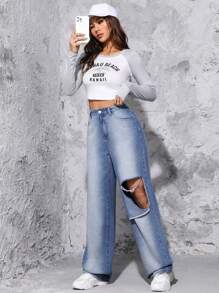 高腰破洞闊腿牛仔褲 - 藍色 - 查看 4