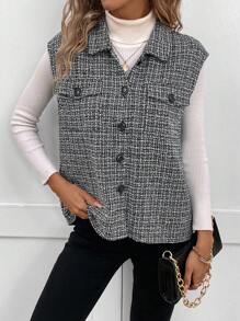 SHEIN LUNE Hoa văn kẻ sọc Chi tiết về Flap Áo khoác vest - màu đen - Xem 5