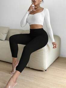 SHEIN SXY Solid Ribbed Knit Leggings
