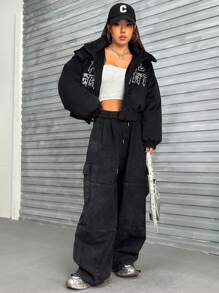 SHEIN EZwear 字母图案落肩连帽短款夹棉大衣 - 黑色 - 查看 4