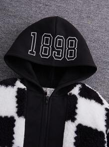 Tween Flicka Schackmönster Randig Kant Huva Fleece Jackor - Svart och Vitt - Visa 3