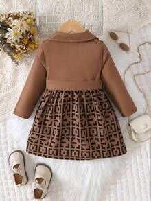 Baby Girl Geo Print Ruffle Trim Double Breasted Belted Trench Coat - Khaki - View 2