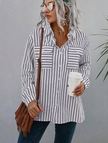 SHEIN LUNE Striped Print Flap Pocket Drop Shoulder Shirt - Mauve Purple - View 3