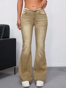 SHEIN ICON 毛邊緣牛仔喇叭褲 - 卡其色 - 查看 1