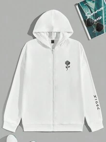 GENTILAND 男士花卉和字母圖案拉鏈連帽衫 - 白色 - 查看 1