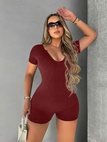 SHEIN SXY 後鏤空彈力緊身連體短褲 - 酒紅色 - 查看 4