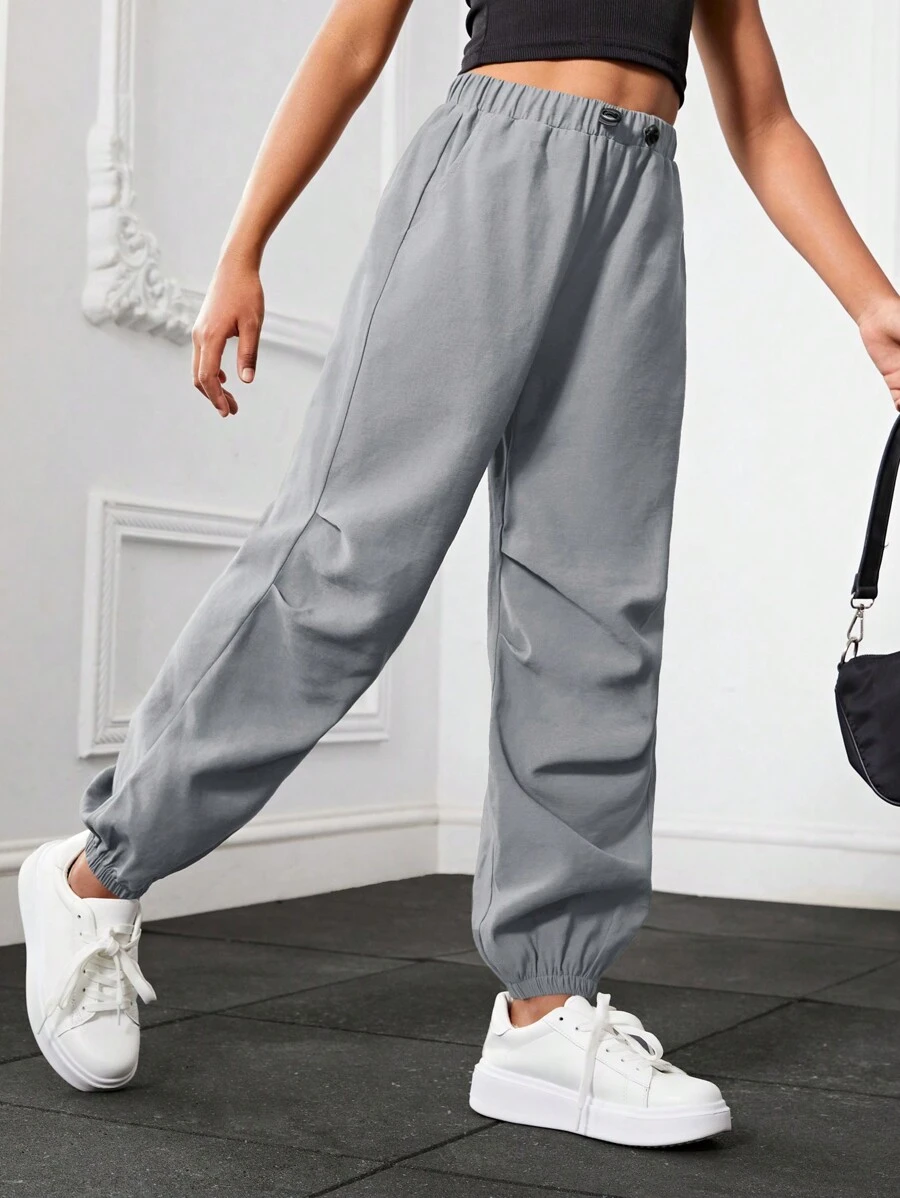 Joggers de cintura con cordón de unicolor con ajuste holgado para chicas adolescentes - Gris Claro - Ver 1