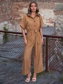 SHEIN LUNE Áo liền quần nữ Thắt lưng Túi Nút phía trước màu trơn Giải trí - Màu Khaki - Xem 4