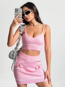 Flirla unicolor Top tejido de tirantes crop & con diseño de solapa Falda de punto