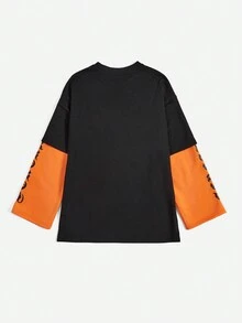 SHEIN Coolane 萬聖節字母和卡通圖案落肩袖二合一運動衫 - 黑色 - 查看 2