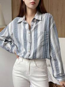 DAZY Striped Print Drop Shoulder Pocket Patched Shirt - Multicolor - View 2