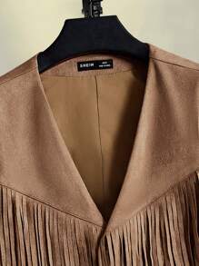 GENTILAND Men Fringe Trim Suedette Vest Jacket - Brown - View 3
