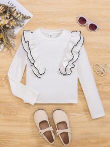 SHEIN 女大童撞色滾邊荷葉邊T恤 - 白色 - 查看 1