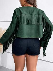 SHEIN LUNE Plus Fringe Trim Open Front Faux Suede Jacket - Dark Green - View 2