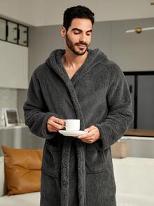 Hombres 1 pieza Bata con cinturón con capucha de peluche - Gris Oscuro - Ver 5