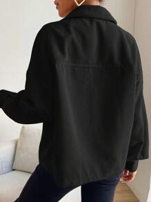 SHEIN LUNE Túi có nắp Thả vai Nút phía trước Áo khoác - màu đen - Xem 2