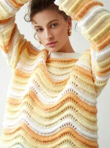 Anewsta Striped Pattern Pointelle Knit Drop Shoulder Sweater Knit Pullover Fall Winter Outfit - Yellow - View 4