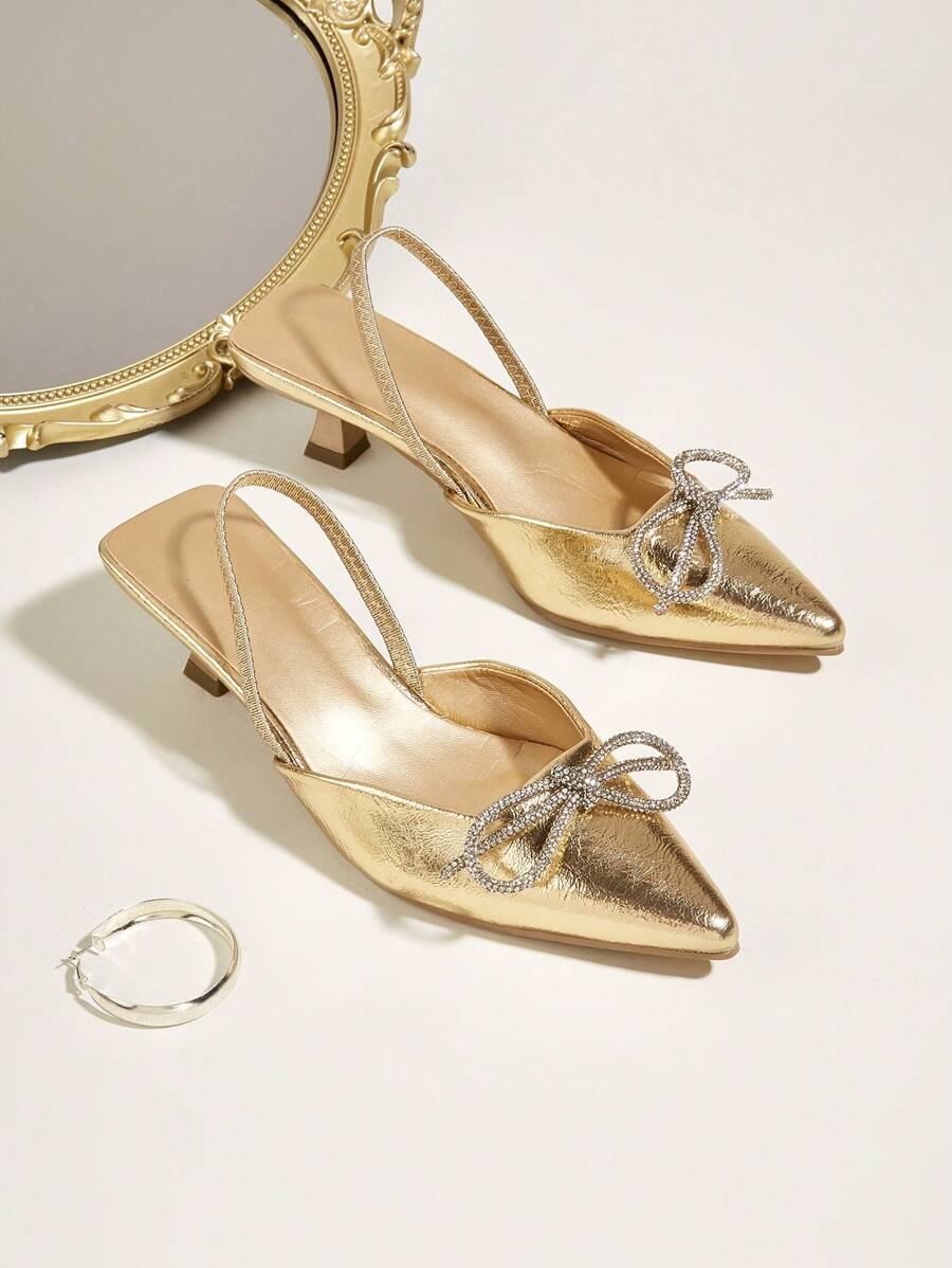 女士尖头高跟鞋，优雅时尚，适合秋冬季节，猫跟设计，派对必备 - 金色 - 查看 1