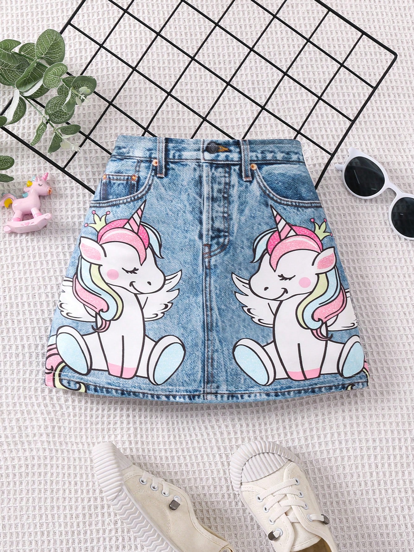 Young Girl Denim-Effect and Unicorn Print Skirt | SHEIN UK