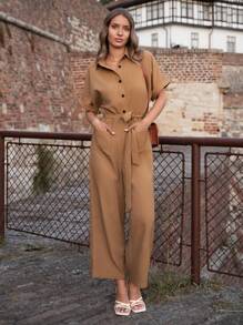 SHEIN LUNE Áo liền quần nữ Thắt lưng Túi Nút phía trước màu trơn Giải trí - Màu Khaki - Xem 5