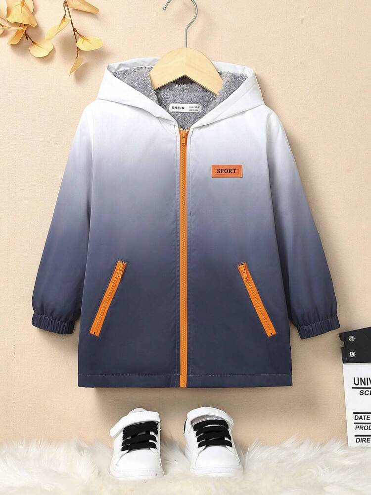 Young Boy Ombre Letter Patched Detail Teddy Lined Hooded Coat