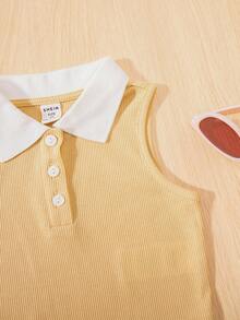 SHEIN Cô Gái Trẻ Cổ áo tương phản Cổ Polo Áo ba lỗ - Màu be - Xem 4