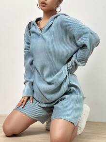 SHEIN Unity Drop Shoulder Hooded Top & Shorts - Blue - View 4
