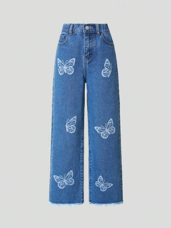 SHEIN Wildeya Blugi din denim, drepti, largi, cu imprimeu fluture, în stil stradă Tween Girl, cu tiv uzat