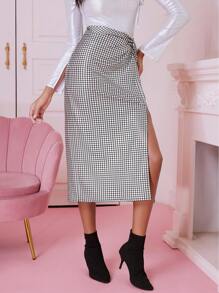 Aveloria 格紋前扭結高衩半身裙 - 彩色 - 查看 4