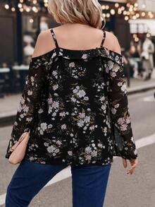 SHEIN LUNE Plus Floral Print Cold Shoulder Blouse - Multicolor - View 2