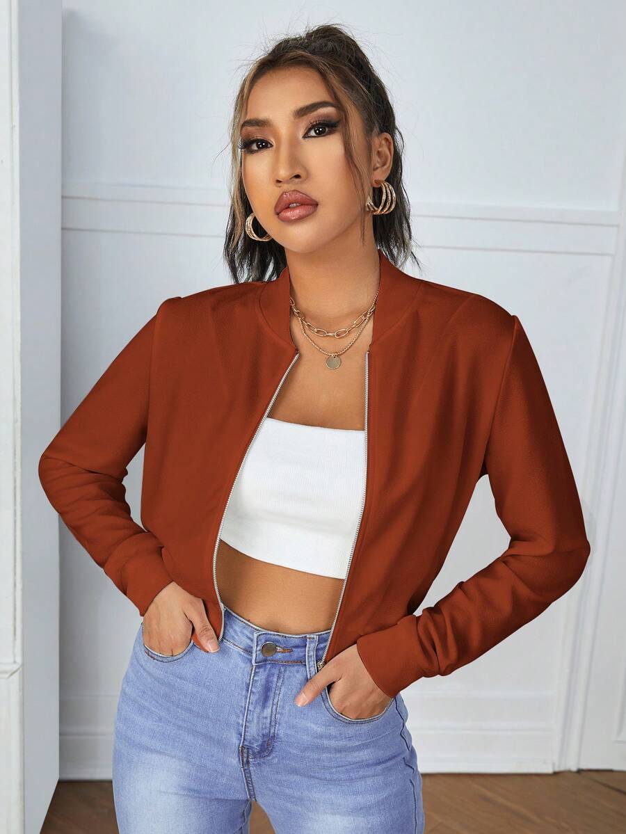 SHEIN Essnce Chất rắn Dây kéo Áo Jacket Crop - màu nâu - Xem 1