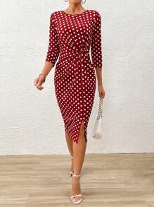 SHEIN Clasi Impressão De Bolinhas Split Thigh Com Cinto Vestido Bodycon