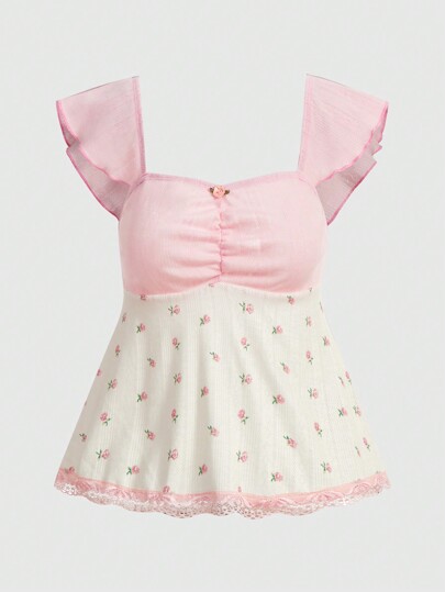 Kawaii Floral Print Ruched Bust Lace Trim Tee