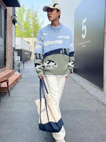 Claim Dot 男款樹雲紋毛衣，落肩寬鬆圓領長袖套頭毛衣，圖案奶牛拼接淺藍色度假學術風 - 彩色 - 查看 5