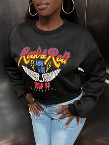 Slaydiva Wings & Slogan Graphic Drop Shoulder Sweatshirt - Black - View 5