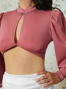 EastFlair Cut Out Front Lantern Sleeve Crop Tee