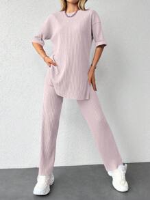 EURMUSE 落肩袖下擺開叉T恤和褲子 - 藕粉色 - 查看 1