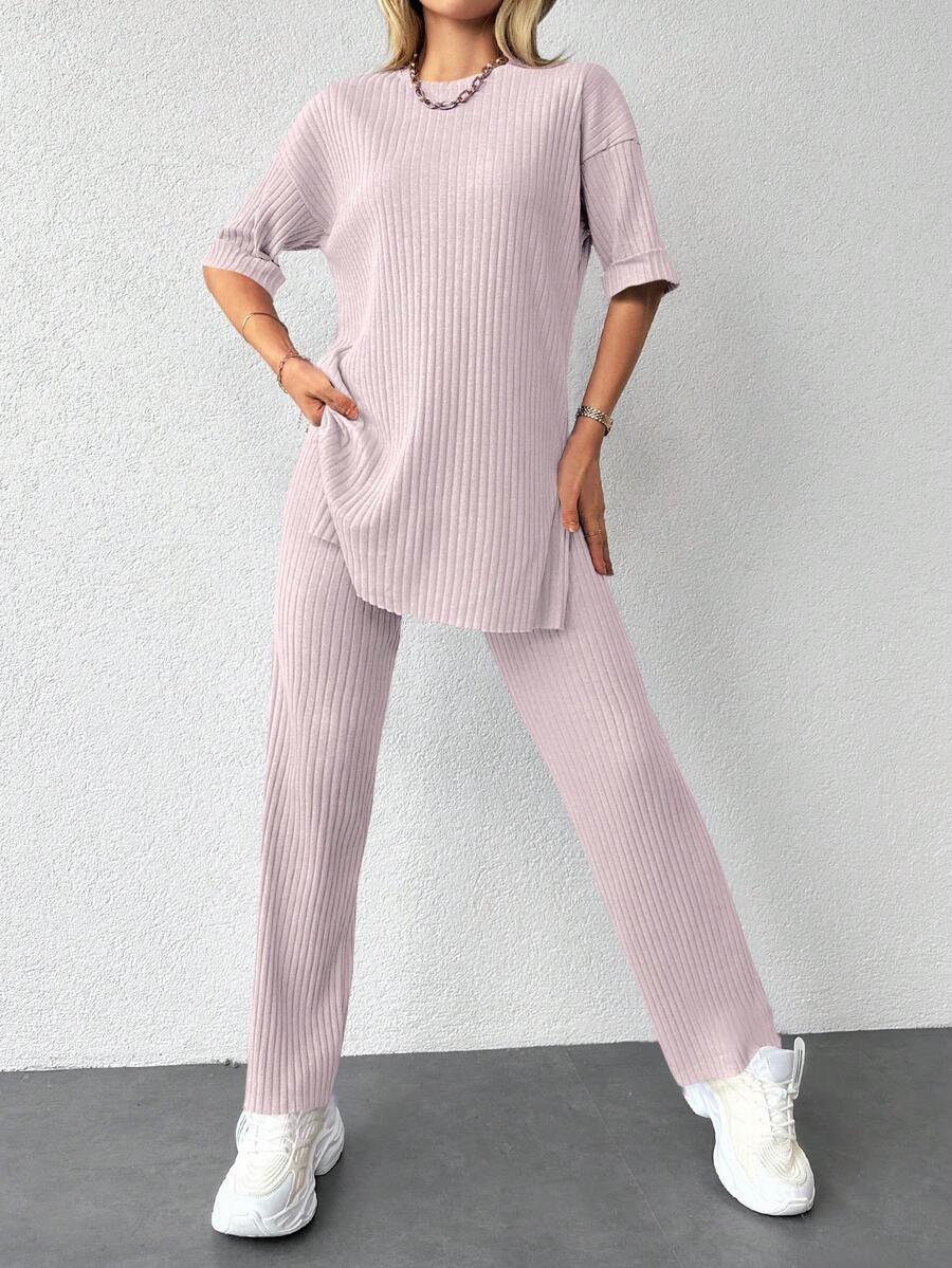 EURMUSE 落肩袖下擺開叉T恤和褲子 - 藕粉色 - 查看 1