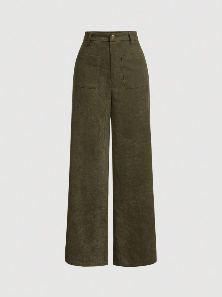 SHEIN MOD Pantalones de pana ancho de pierna con estilo retro en color verde - Verde militar - Añade 1