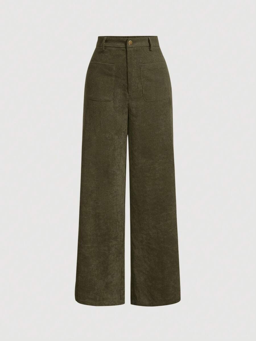 SHEIN MOD Green Retro Solid Corduroy Wide Leg Pants